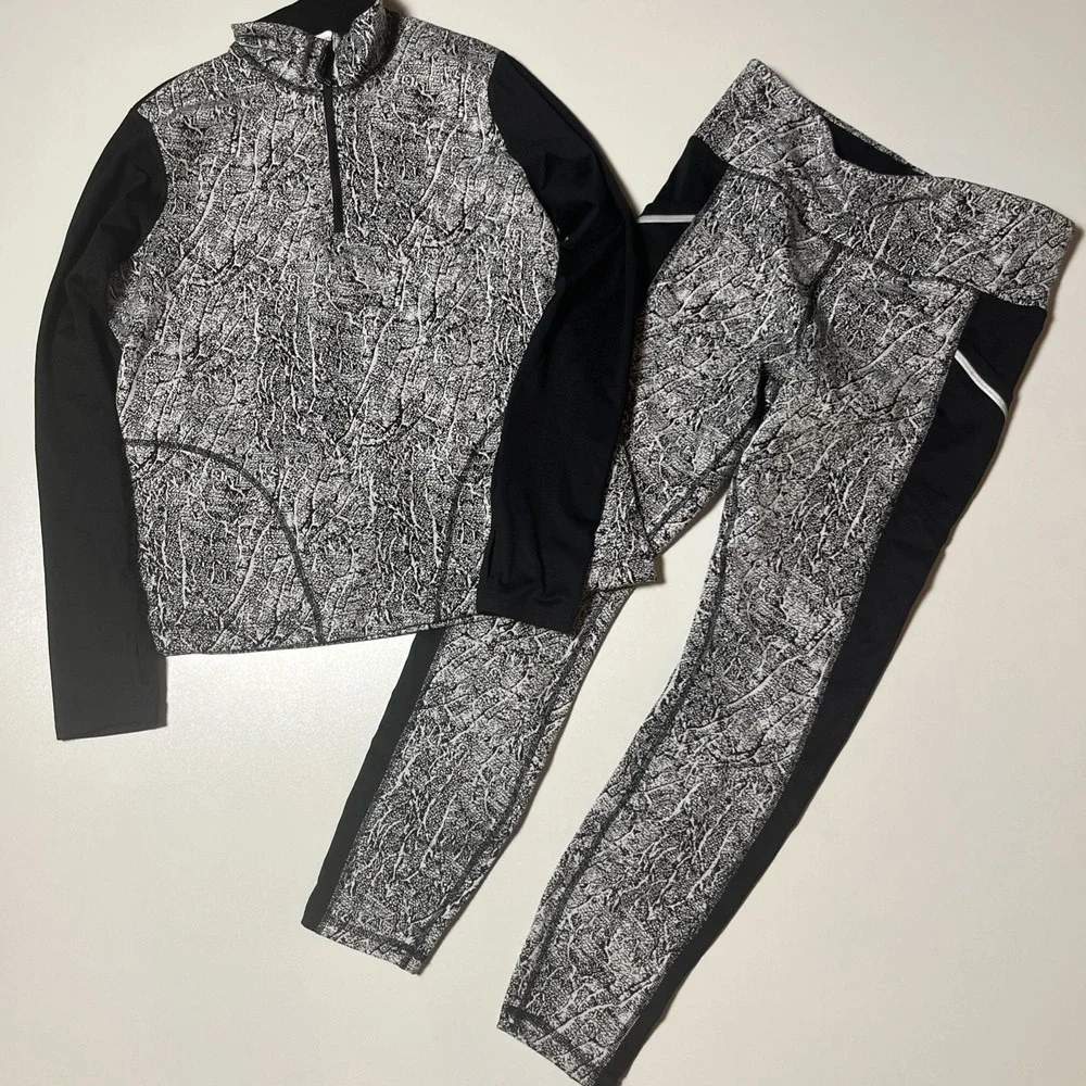 Avia Active Top & Legging Set Size M 8-10 Marbled Fleece Lined Athleisure Outfit